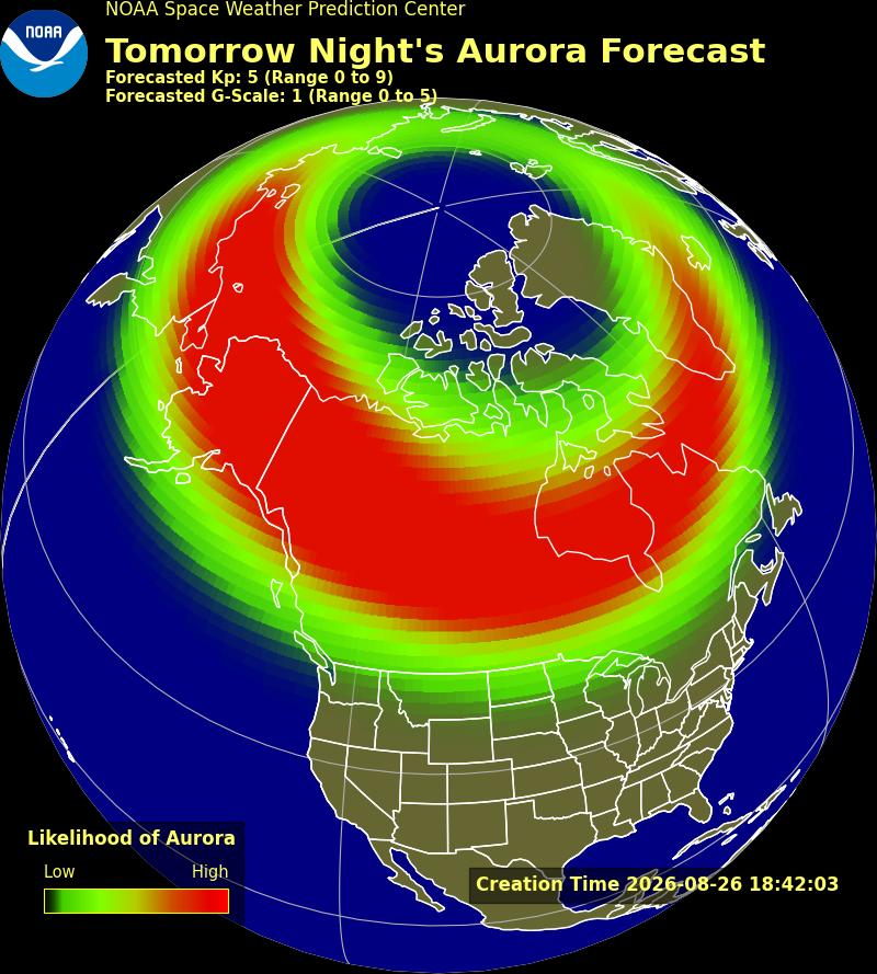 NOAA polar map showing aurora forecast likelihood over North America with color-coded oval indicating high probability zones in red near Canada