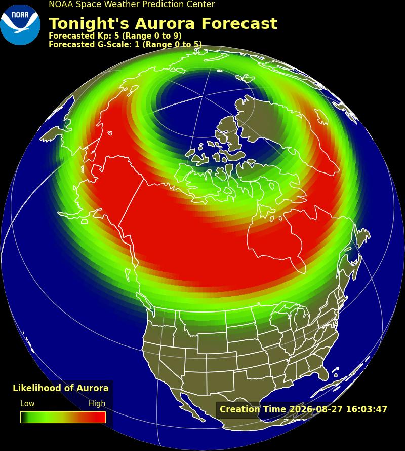 NOAA polar map showing aurora forecast likelihood over North America with color-coded oval indicating high probability zones in red near Canada