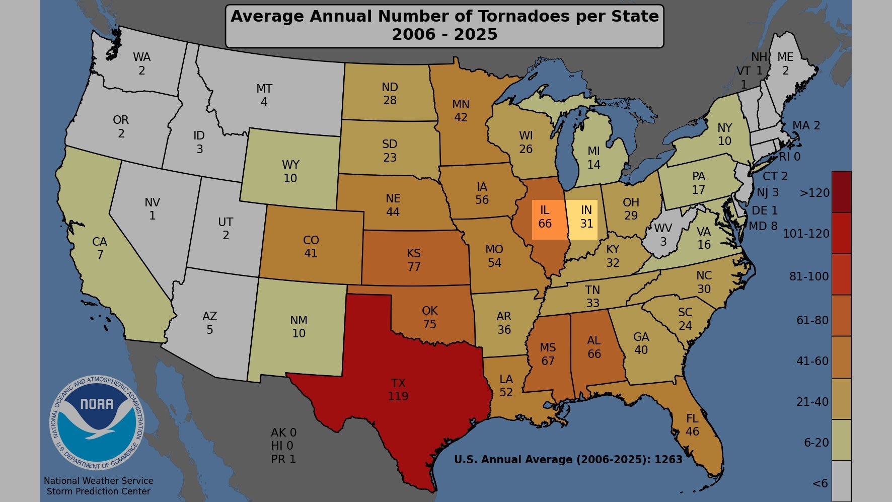Average tornadoes by US state map