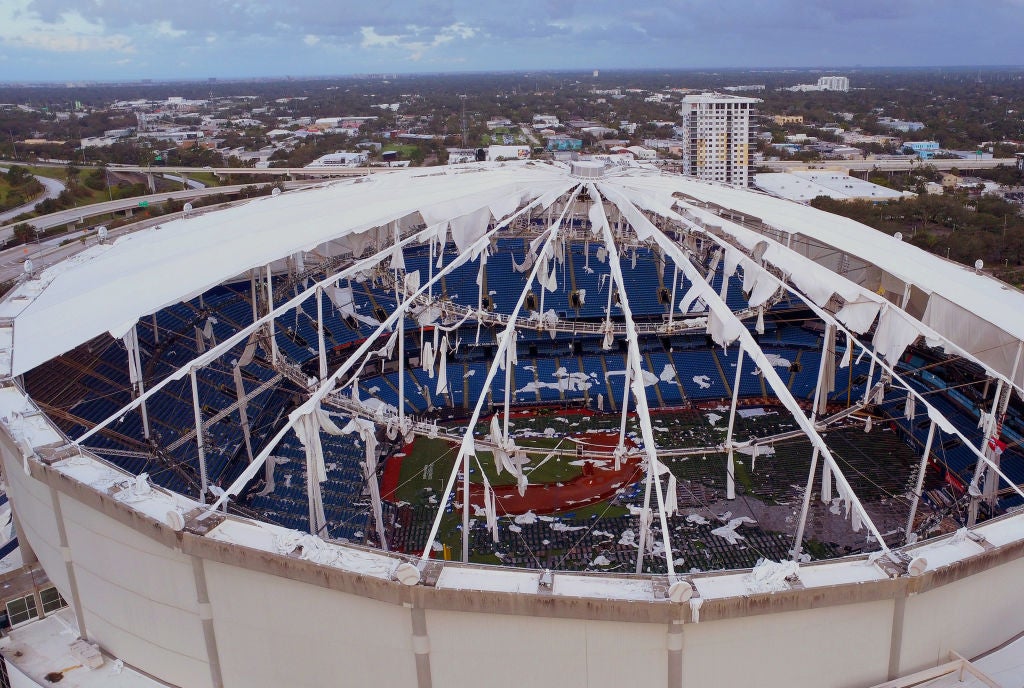 Hurricane Milton blew the roof off of Tropicana Field in St. Petersburg, FL, on Oct. 10, 2024.