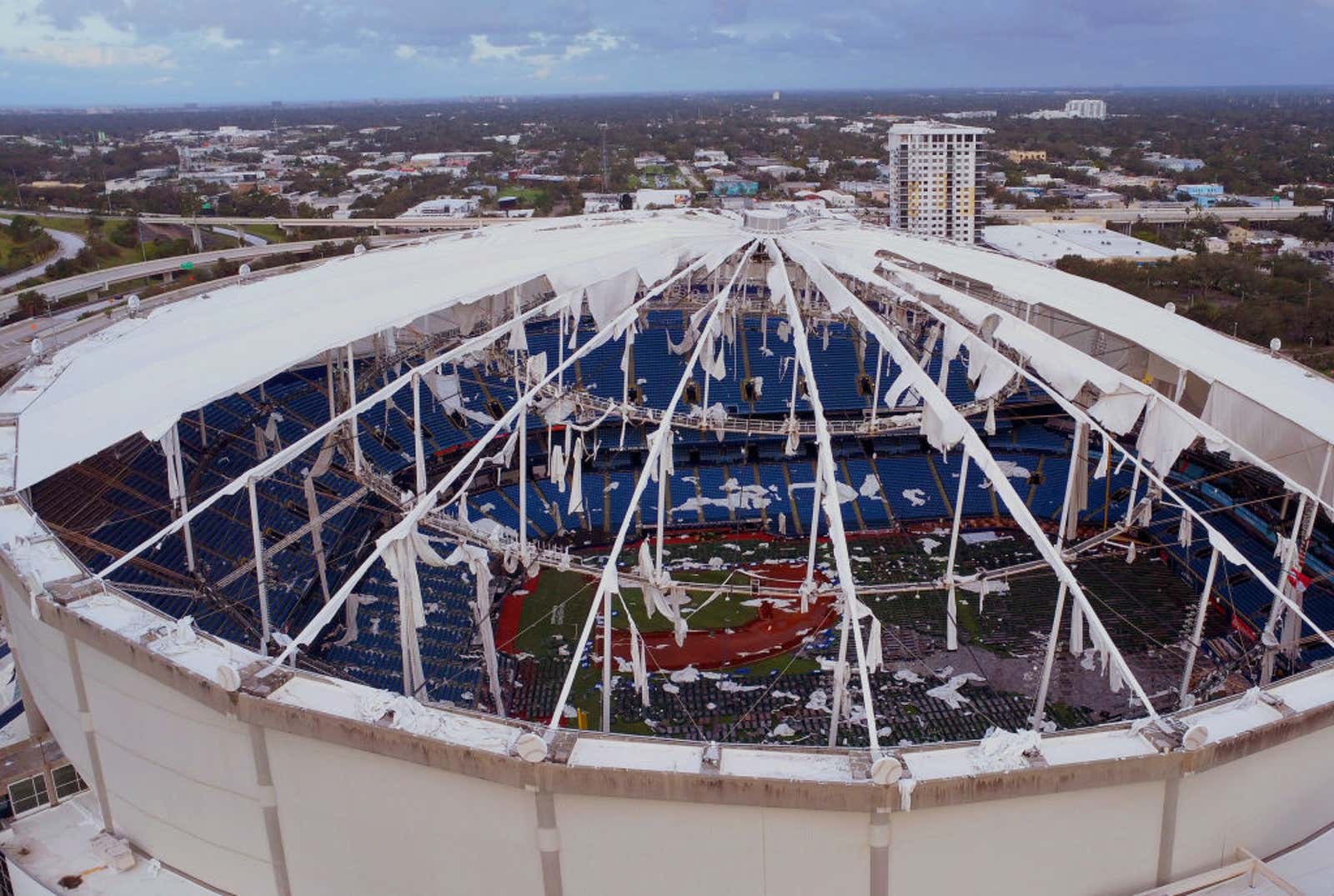 Hurricane Milton blew the roof off Tropicana Field in St. Petersburg, Florida on October 10, 2024.