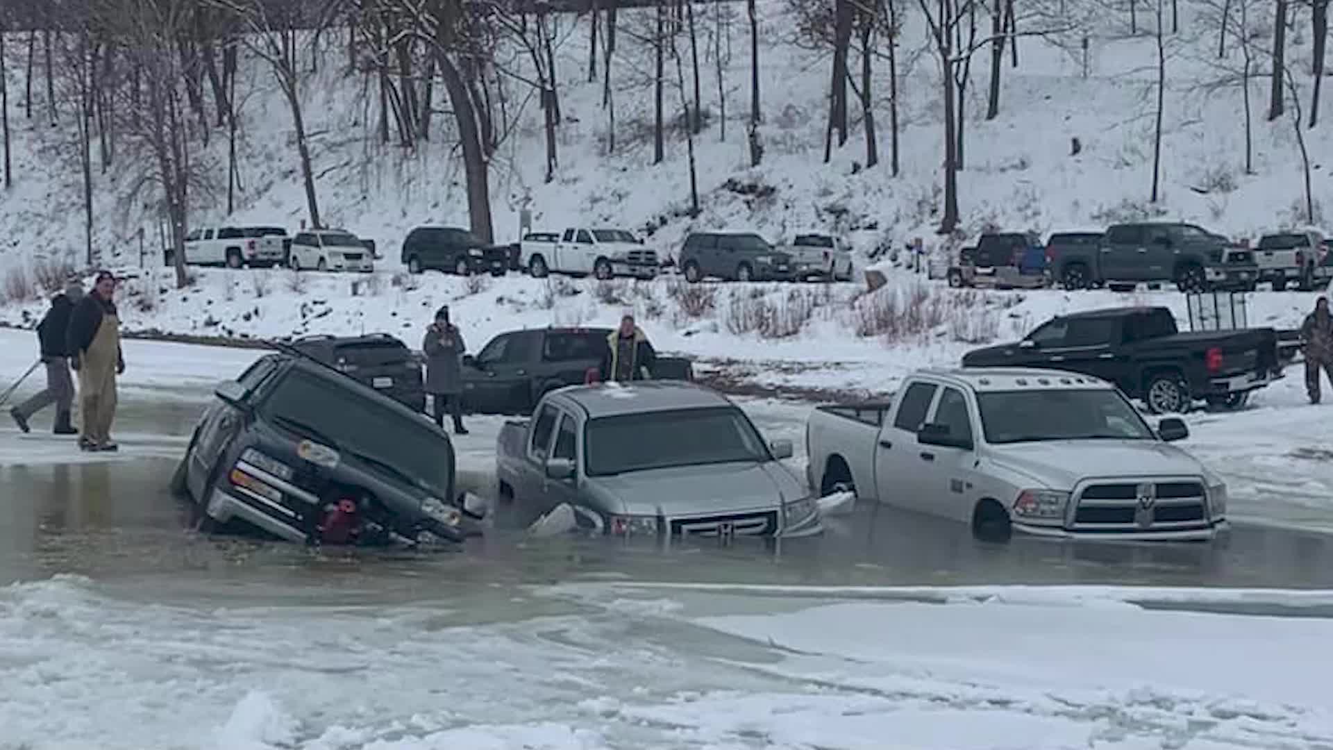 Vehicles Fall Through Ice On Minnesota Lake 