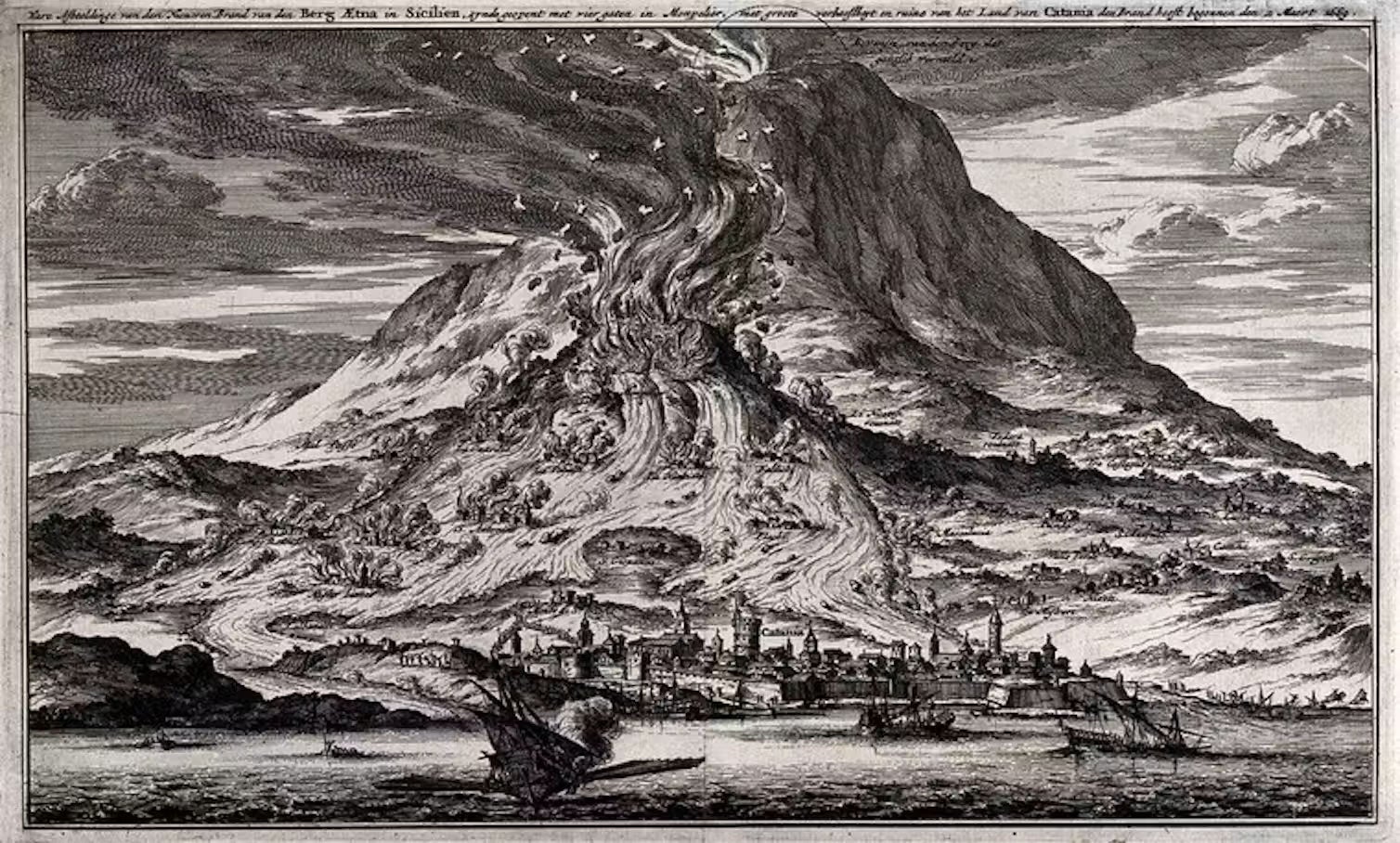 An etching of the eruption of Mount Etna in A.D. 1669.