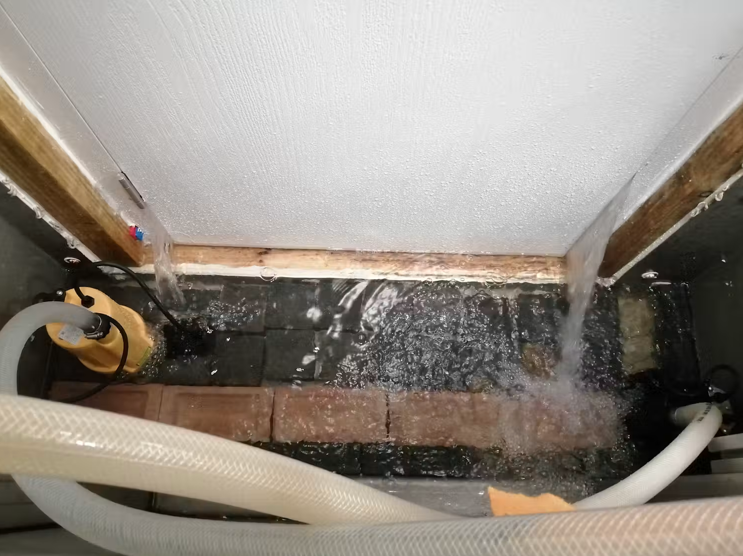 Water leaking into a crawl space with a submersible pump and hoses set up for drainage