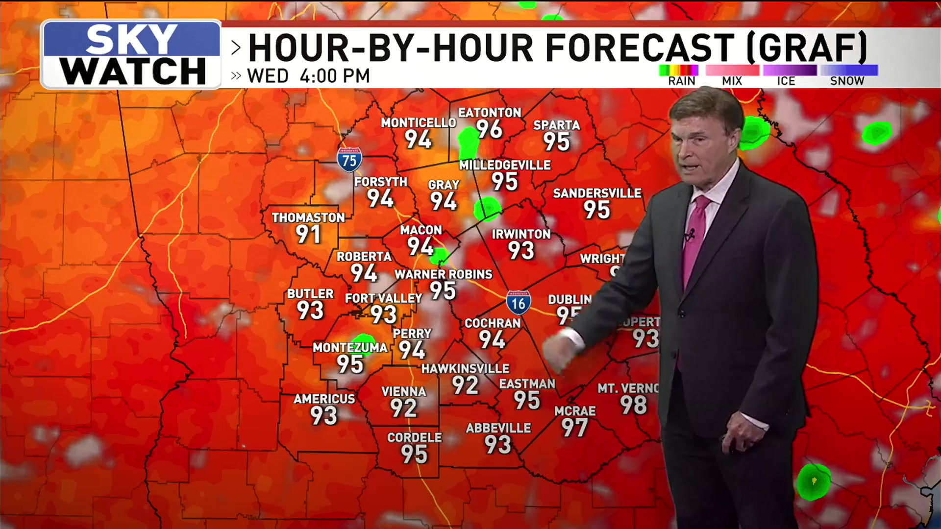 Middle Georgia weather: Partly cloudy, isolated showers, near 102 heat index &mdash; July 8, 2026