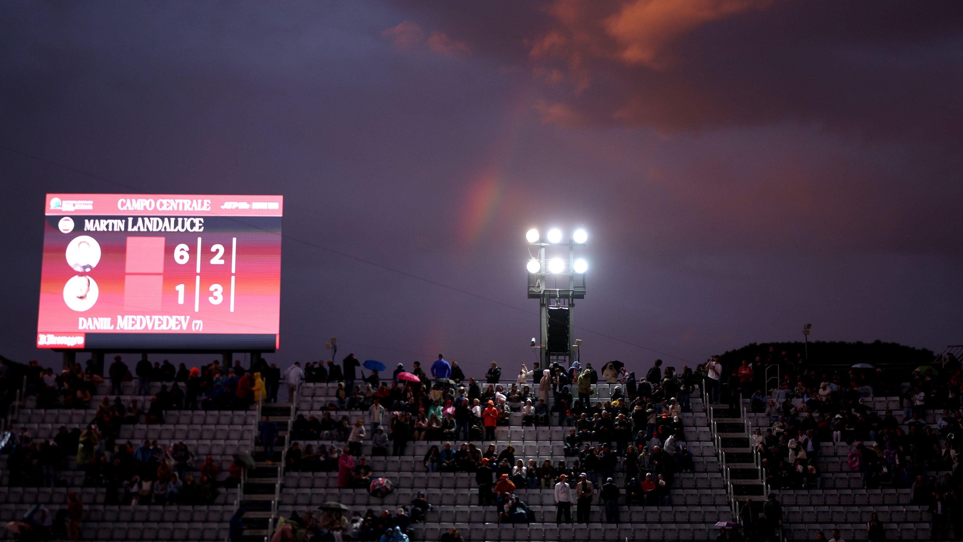 A rainbow appears as the weather suspends play during the Men's Singles Quarter-Final match between Martin Landaluce of Spain and Daniil Medvedev on Day 10 of the Internazionali BNL D'Italia 2026 at Foro Italico on May 14, 2026 in Rome, Italy.