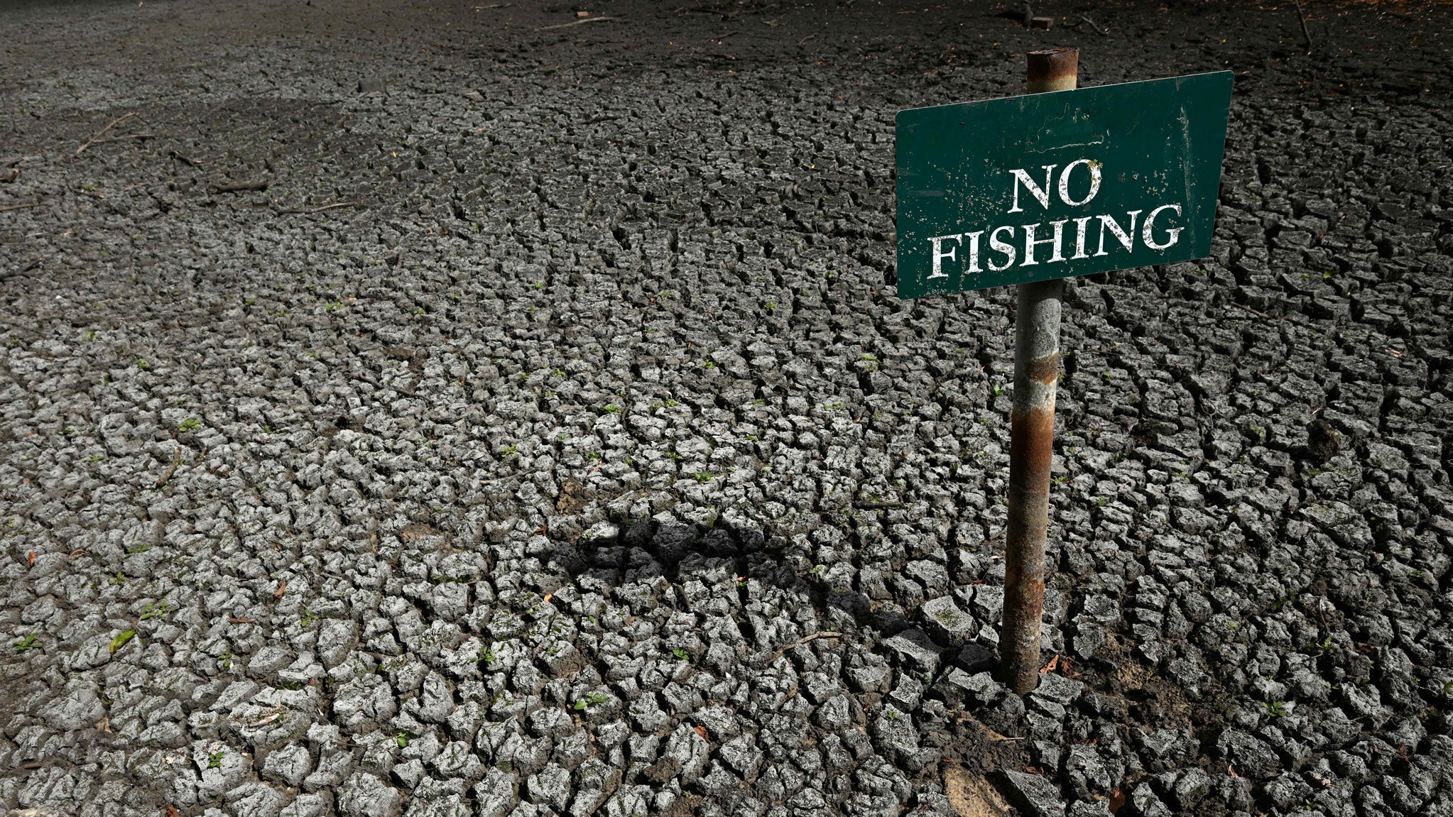 A &ldquo;No Fishing&rdquo; sign is pictured in the dried-up Falmer Pond in Falmer, East Sussex, south of London on Aug. 5, 2026. England and Wales both experienced the "driest July on record,&rdquo; the UK Met Office weather agency said, based on provisional figures.
