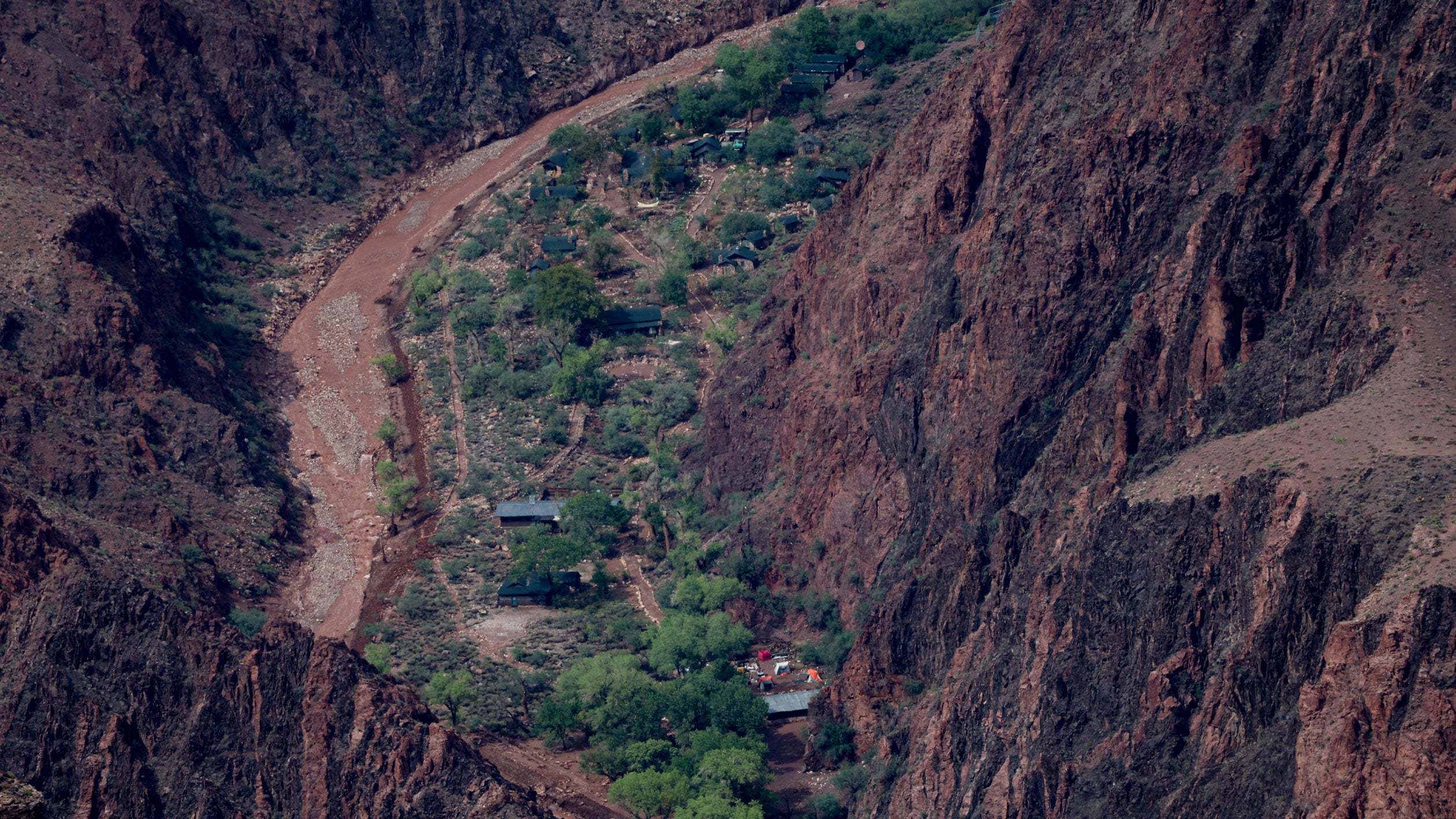 The campsite at Bright Angel Creek corridor at the Grand Canyon, which was hit with flash floods, is seen from Grand Canyon Village, Arizona, on Monday, Aug. 31, 2026. More than 20 people may be missing after the flash flood in Grand Canyon National Park, according to the National Park Service. The floods hit the Bright Angel Canyon and Phantom Ranch area on Saturday, the service said, adding that it was working with Arizona authorities to evacuate people and account for individuals in the affected area.
