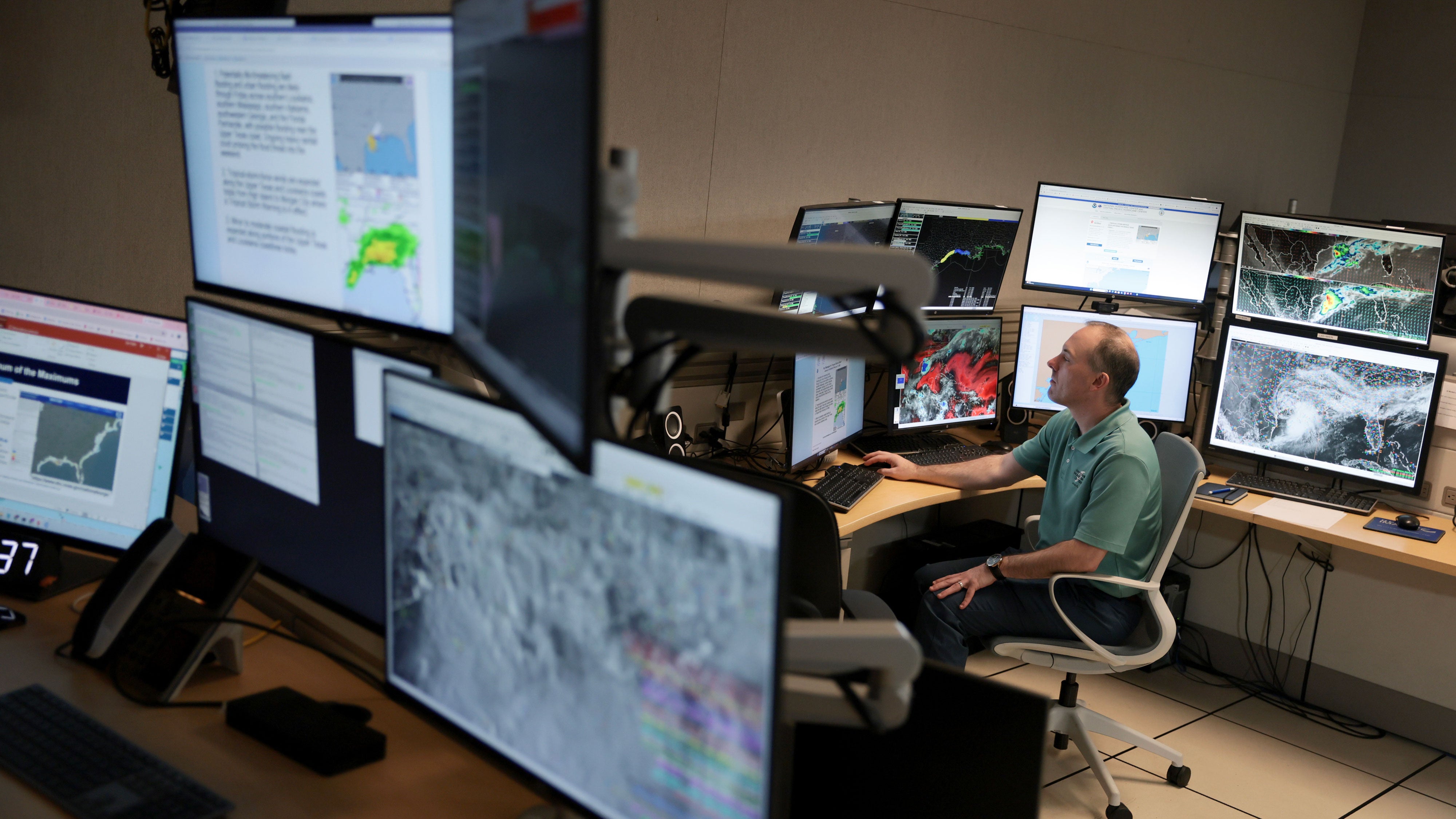 Brad Reinhart, senior hurricane specialist, works on tracking Tropical Storm Arthur at the National Hurricane Center on June 17, 2026, in Miami, Florida. Arthur, which has become the first named storm of the 2026 Atlantic hurricane season, developed off the Texas coast. 