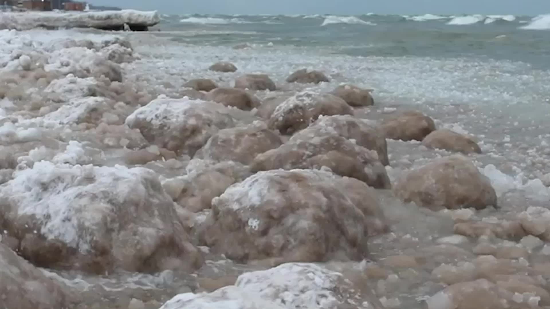 Wind, Water and Freezing Temperatures Create Ice Balls Along Lake Michigan Shore