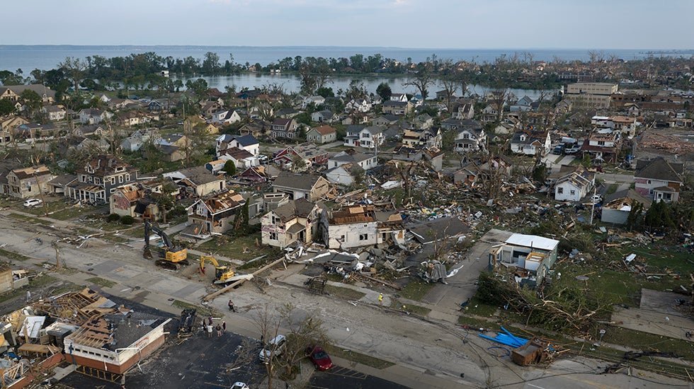 An aerial view shows the widespread damage left by a tornado that roared through Menasha, Wisconsin, on Monday, July 27, 2026.
