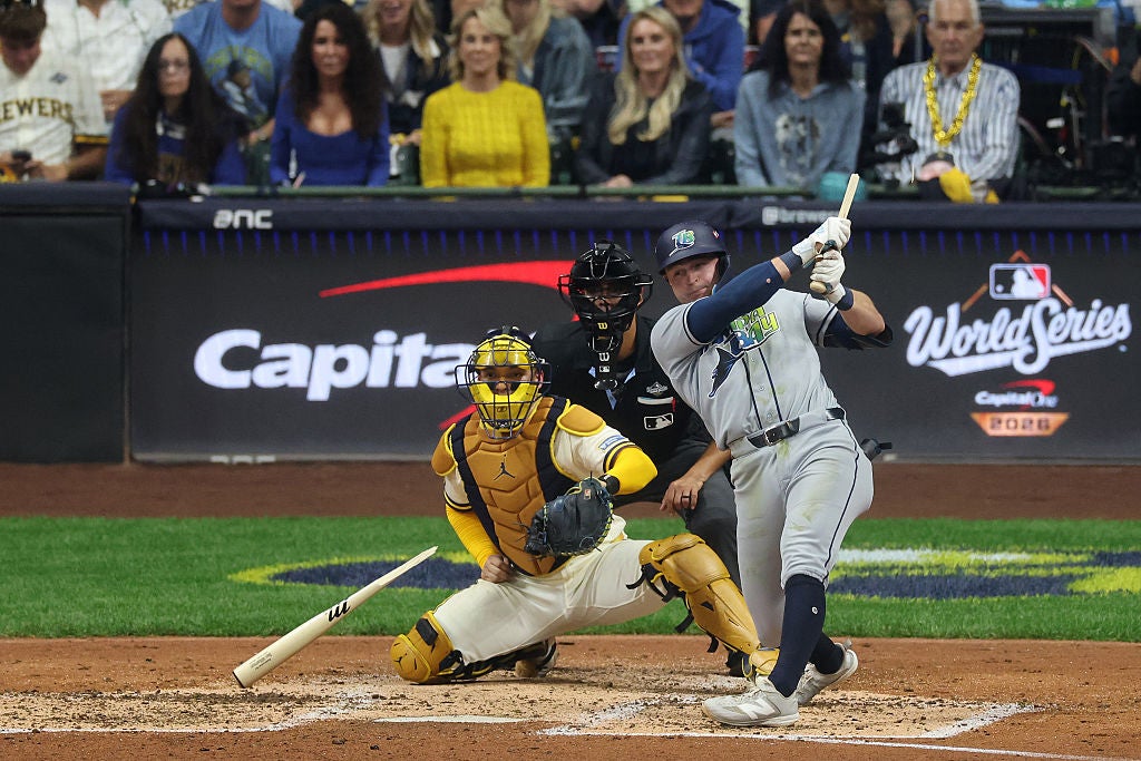 Ben Williamson #15 of the Tampa Bay Rays breaks his bat while hitting the ball during the fifth inning against the Milwaukee Brewers in game one of the 2026 World Series at American Family Field on Oct. 23, 2026 in Milwaukee, Wisconsin.