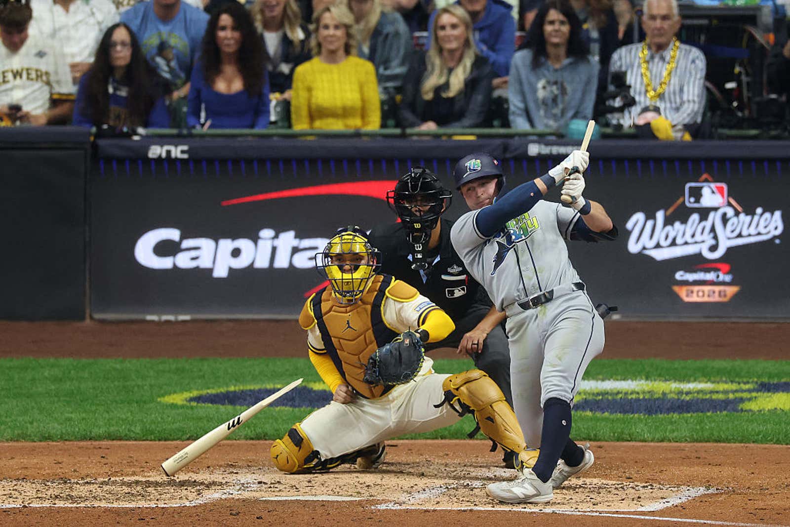 Ben Williamson #15 of the Tampa Bay Rays breaks his bat while hitting the ball during the fifth inning against the Milwaukee Brewers in Game 1 of the 2026 World Series at American Family Field on October 23, 2026 in Milwaukee, Wisconsin.