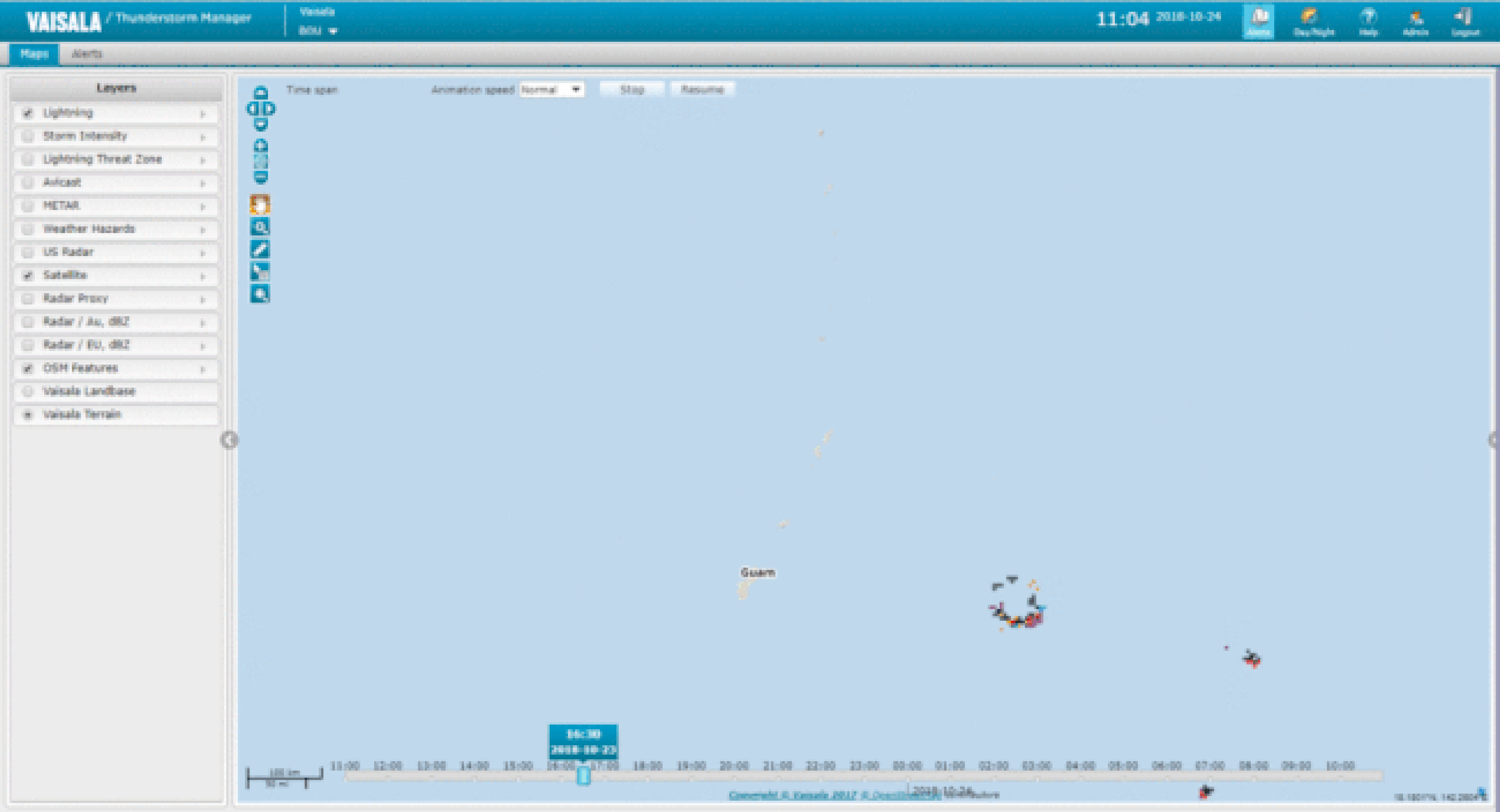 Loop of eyewall lightning detected from 1630 UTC Oct. 23 through 1031 UTC Oct, 24, 2018, associated with Super Typhoon Yutu as it approached the Northern Mariana Islands.