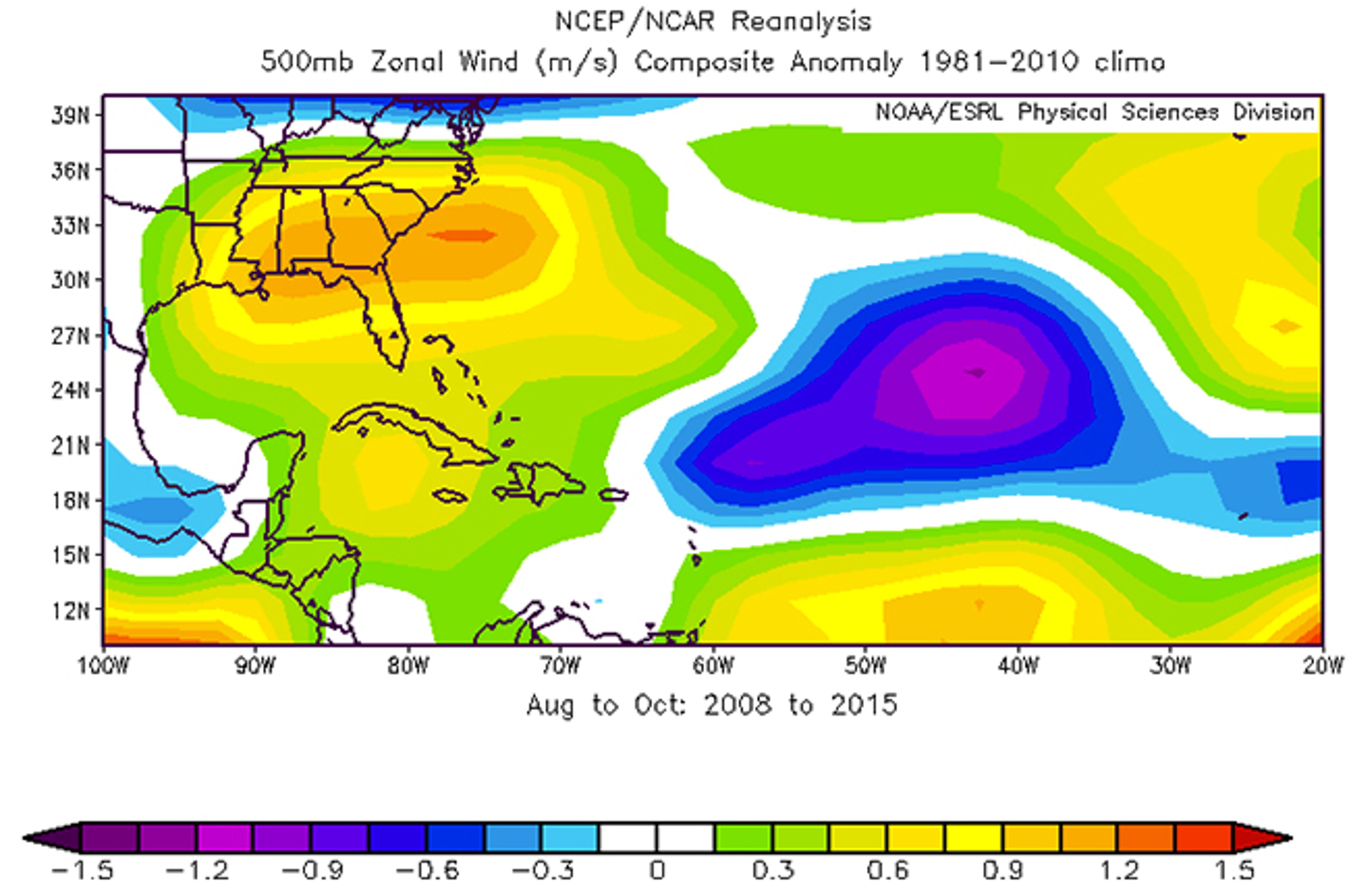 500 millibar zonal wind anomaly (in meters per second) during the core months of the Atlantic hurricane season (August - October) from 2008 through 2015. Positive anomalies (green, yellow, orange contours) indicate stronger west winds aloft than average, a proxy for stronger wind shear.